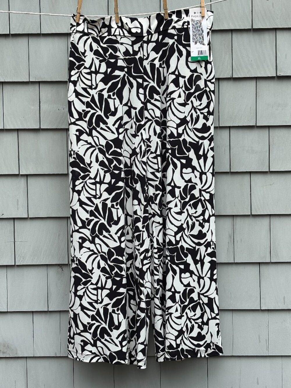 Three Dots | Black & White Leaf Print Wide-Leg Pull-On Pants | Size XL | NWT